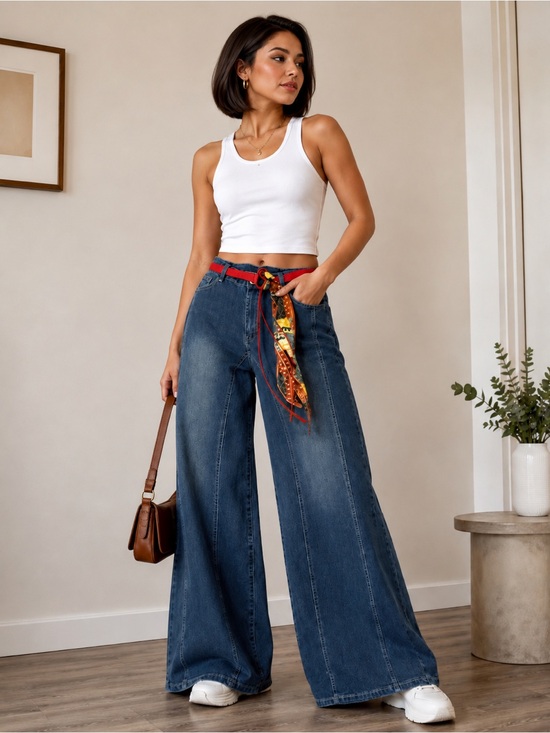 UNBRANDED1 Denim - High-Rise Wide Leg Flare Jeans in Medium Blue Denim